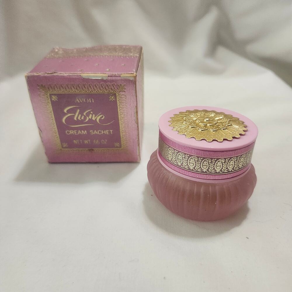 Empty Vintage Avon Elusive Cream Sachet Jar .66 0z Pink Gold w Box D2